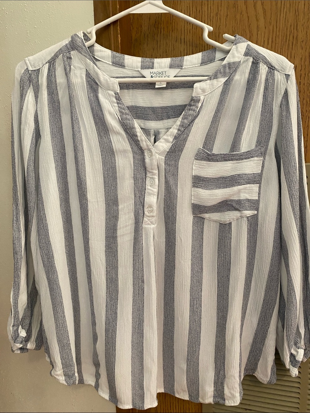 White and Gray Vertical-Stripe Henley Tunic-Large Office Comfy Career